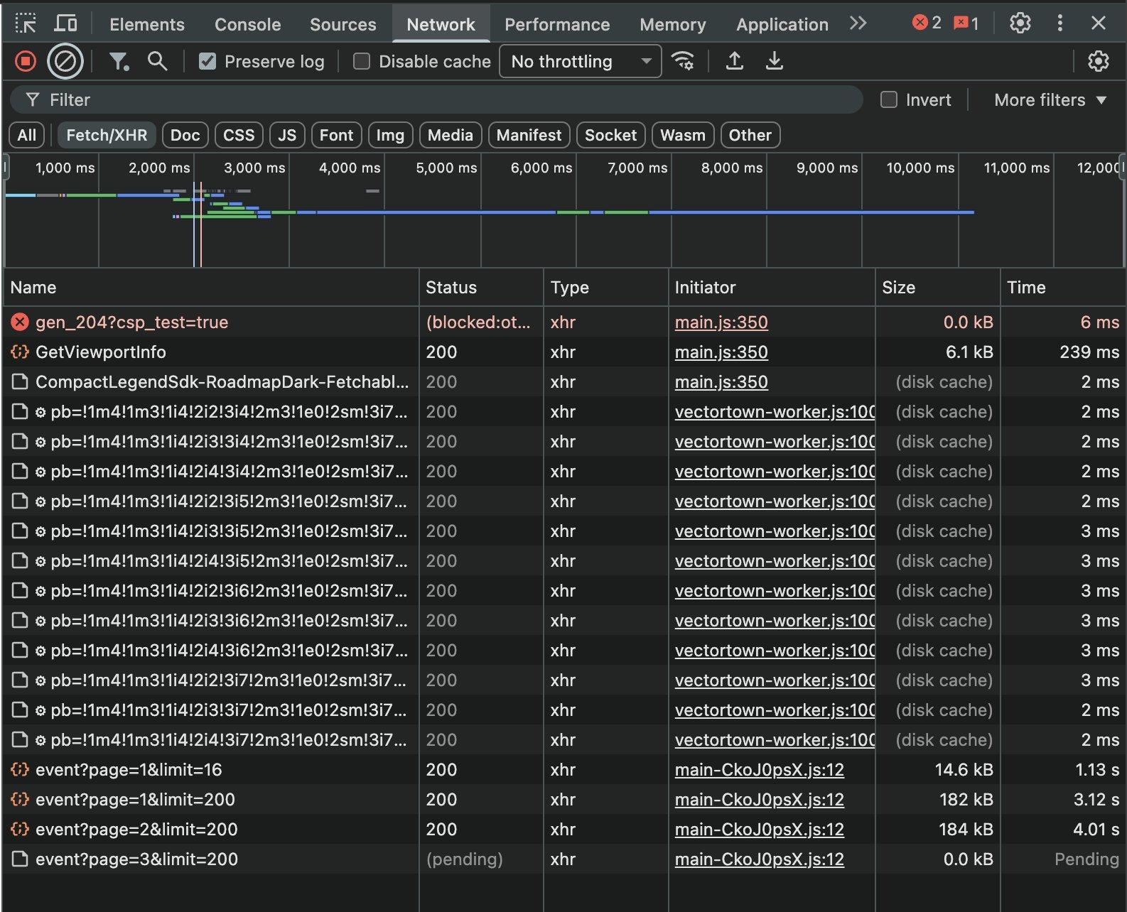 DevTools Network tab filtered to Fetch/XHR requests