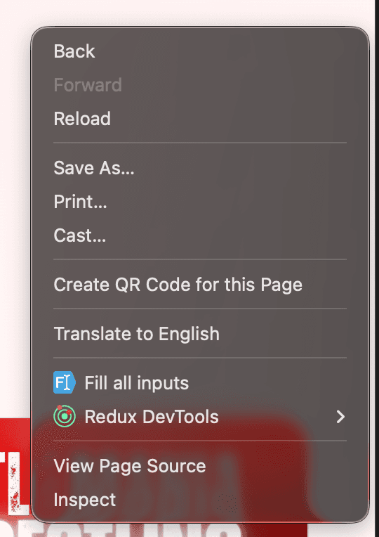 Browser context menu with Inspect