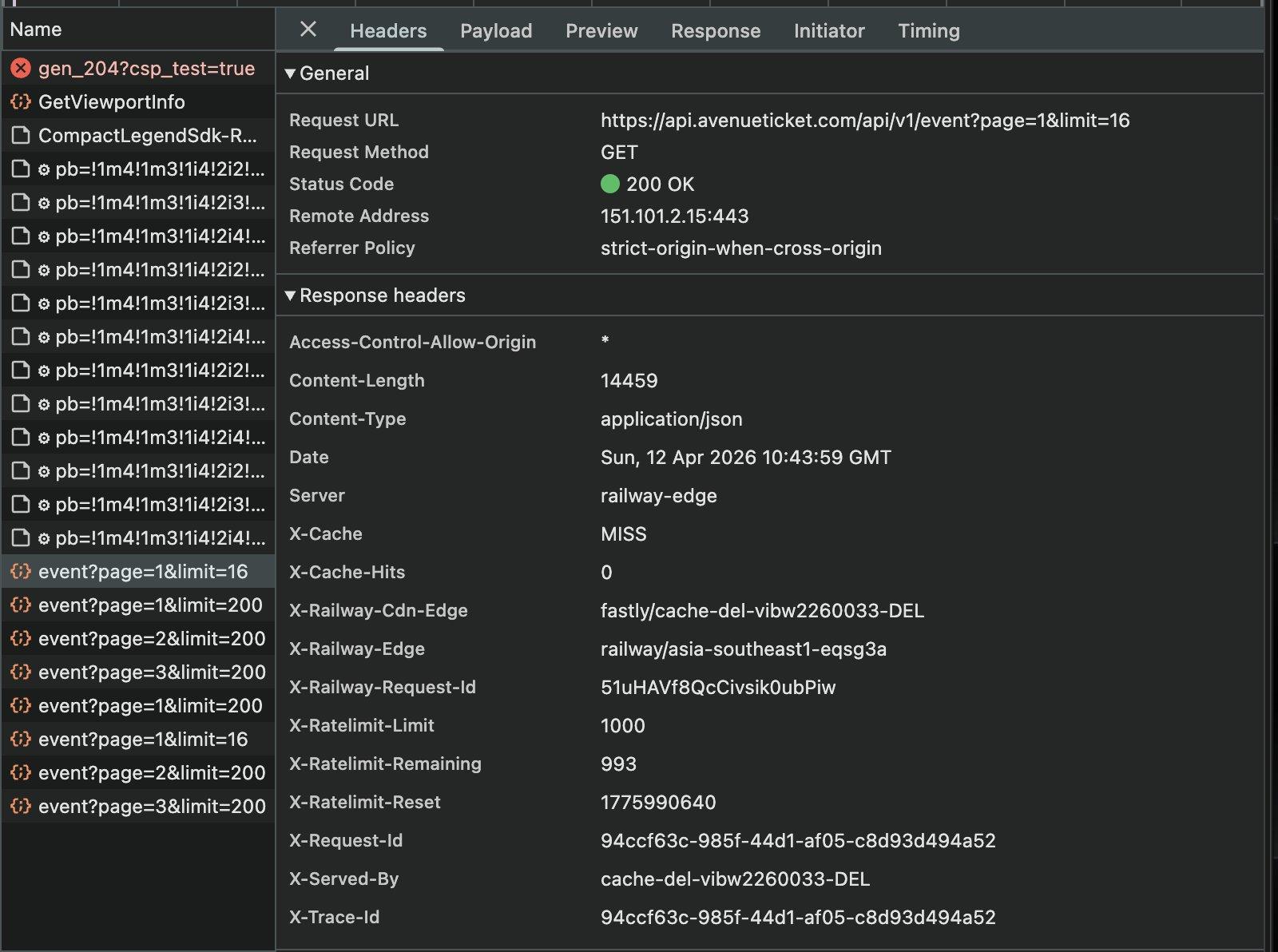 DevTools request headers for an API call