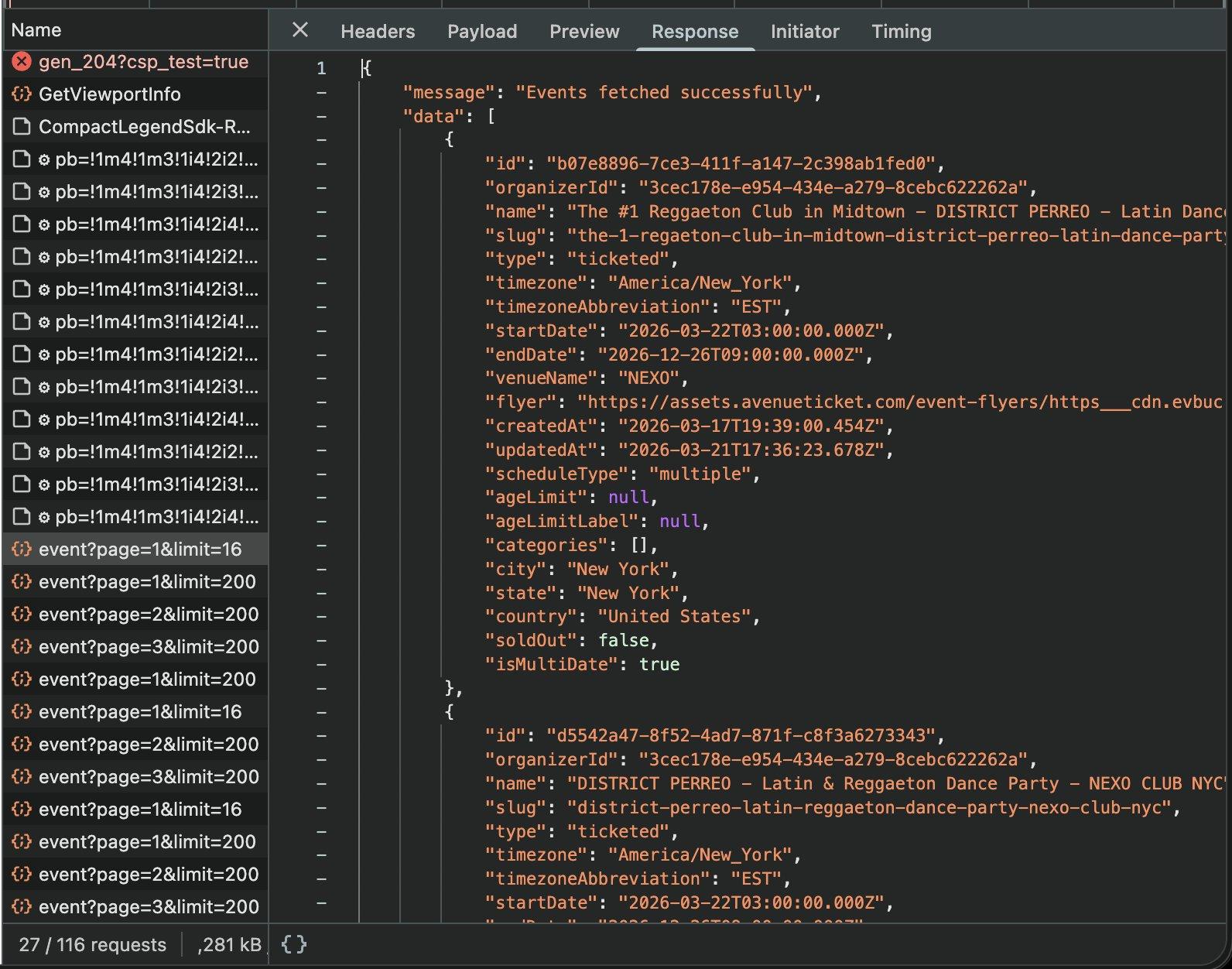 DevTools Response tab showing JSON payload